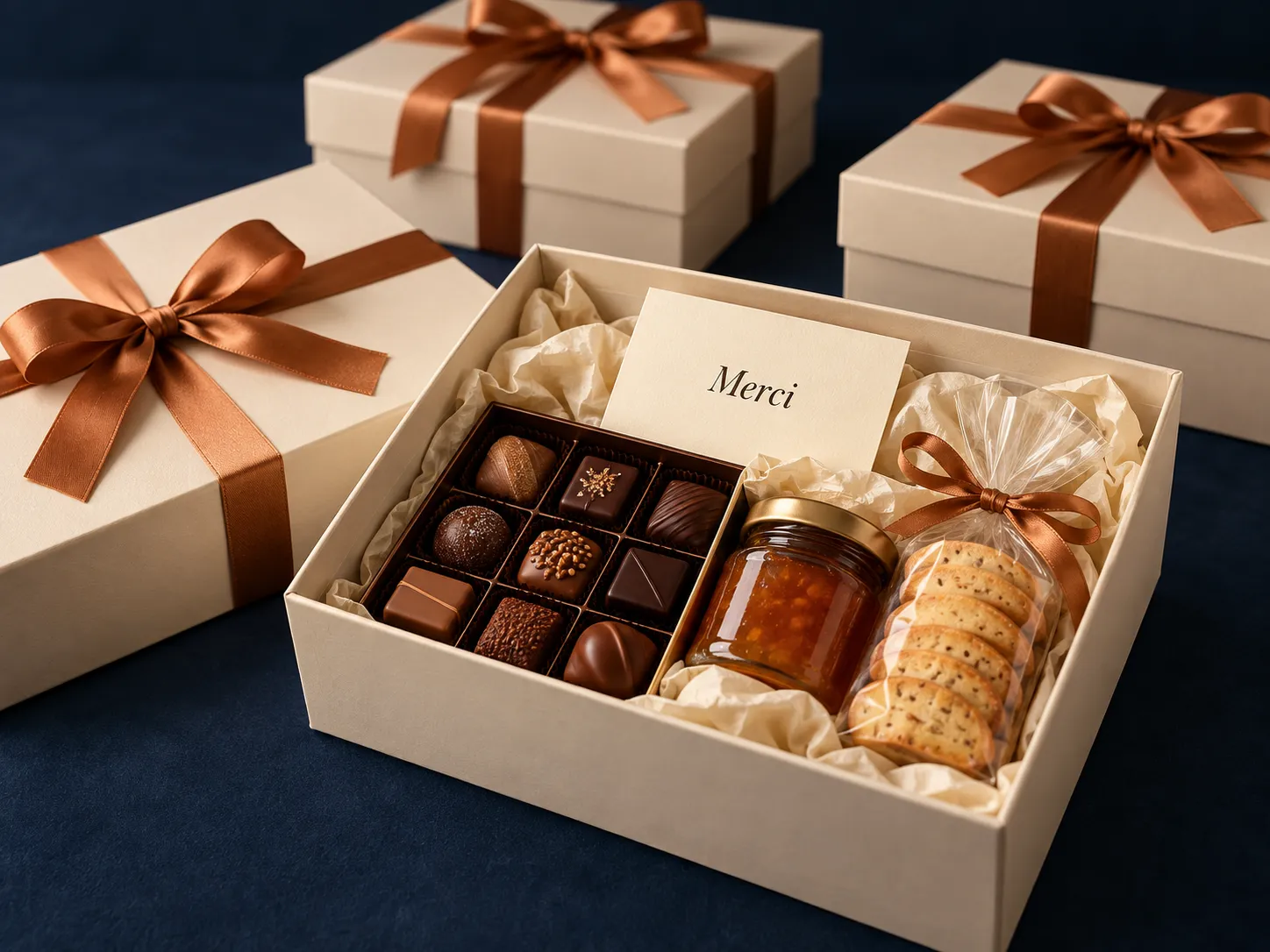 Coffret cadeau ouvert avec carte Merci, chocolats, confiture et biscuits